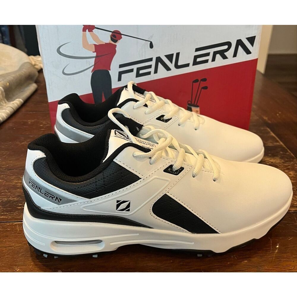 FENLERN Golf Shoes Men, Spiked, Waterproof Leather Upper, Size 10